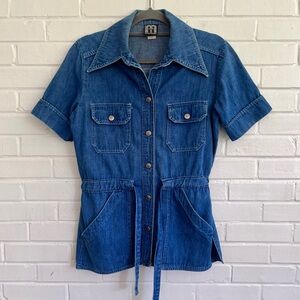 Vintage 1970s MUSHROOM Denim Button-Up Top w/ Waist Tie, SZ 11/12, EUC!!!